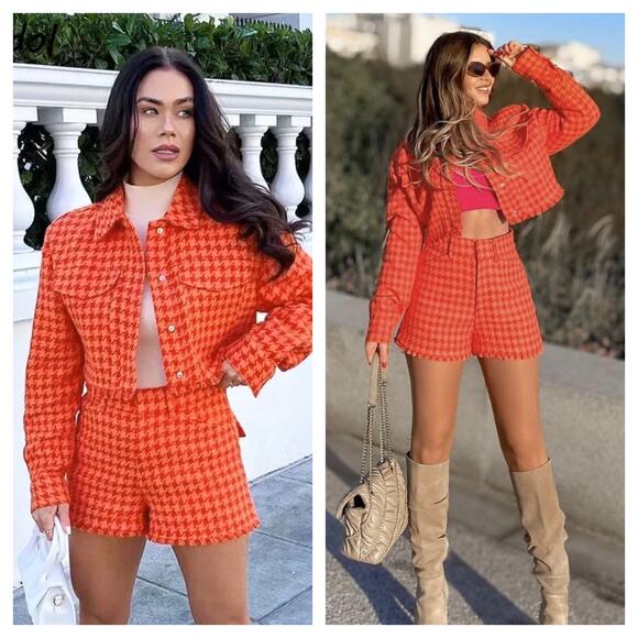 Zara Orange Houndstooth Matching Set Crop Jacket Shorts Small Tweed Co-ord - Picture 1 of 13